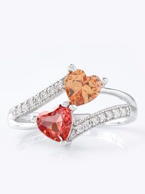 Peach and Coral Pink Double heart ring, 925 Sterling Silver Charmed Aroma